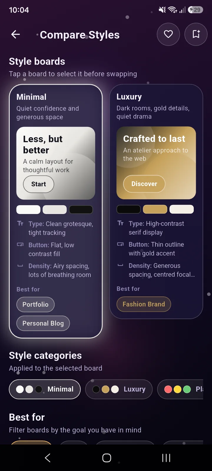 Design Compare styles screen