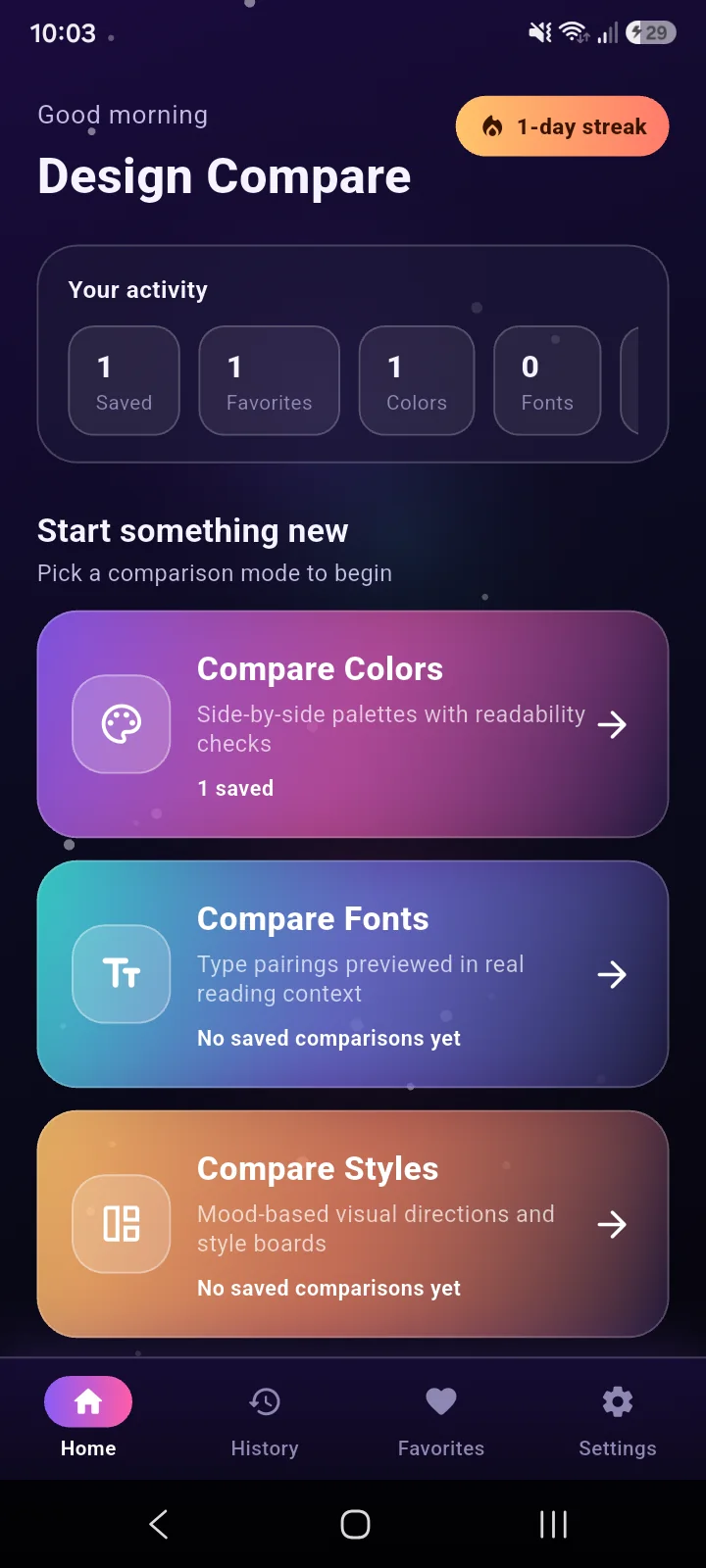 Design Compare home screen